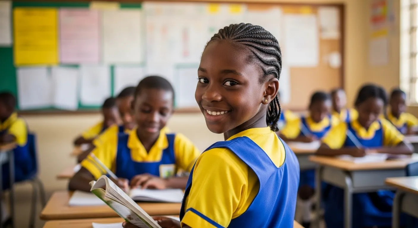 A girl in a classroom with a book and a pencil.