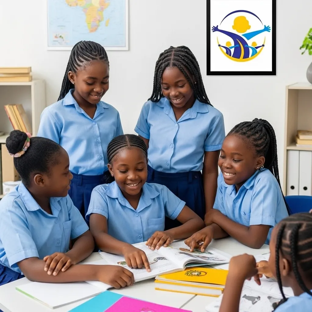 School girls interacting with WEHF logo at the background.
